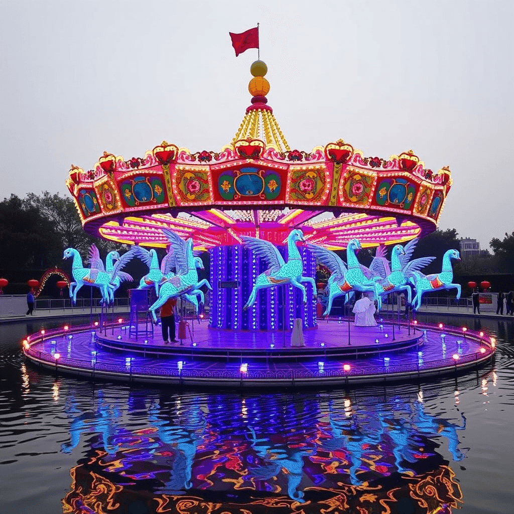 A brightly lit carousel with winged horse designs is reflected in a calm body of water.