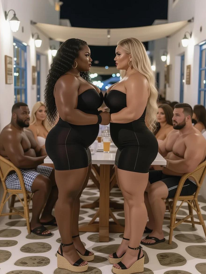 Two muscular women stand face to face in a Mykonos tavern. One woman is black with long curly hair. The other woman is white with long wavy hair. Both wear tight strapless black dresses and espadrille heels. They look at each other angrily. A table of men sits nearby. The scene takes place at night.