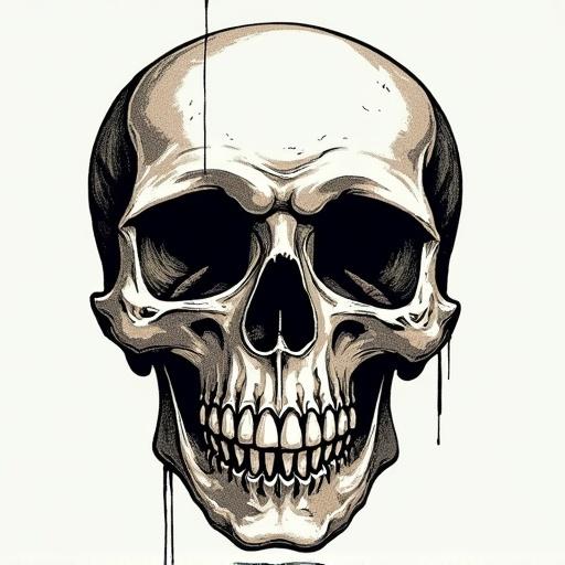 A detailed illustration of a skull in a simple woodcut tattoo style. Striking contrast emphasizes the skeletal features. Clear lines form the contours of the skull. A vintage aesthetic is created through the monochrome palette.