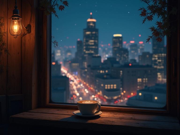 Cinematic view of a secret coffee shop overlooking a metropolitan city at night. City lights twinkle in the distance. Damp night breeze caresses the window. Cozy and calming atmosphere with soft ambient lighting. Empty streets below. A single cup of steaming coffee sits on a wooden table. Mysterious yet inviting. Quiet and peaceful scene.