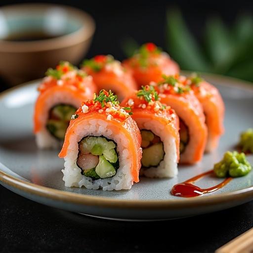 Sushi roll shaped like a sliced rice dragon on a plate with wasabi and soy sauce. Professional food photograph with vibrant deep colors.