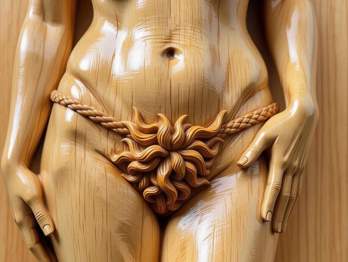 Closeup detailed relief showing a nude woman with perfect wooden carving. Hips accentuated with a sun emblem belt made of wood. Ultra-realistic details showcasing the craftsmanship of wood. Artistically designed to celebrate form.