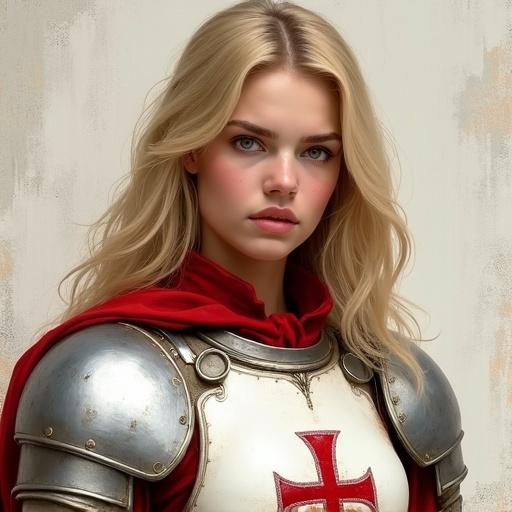 Portrait of a young woman knight or paladin with medium-length blonde hair. She wears a light silver plate armor with bright red accents including templar crosses on the pauldrons and tabard. A red fabric collar is visible. The armor appears worn. The background is a light textured wall.