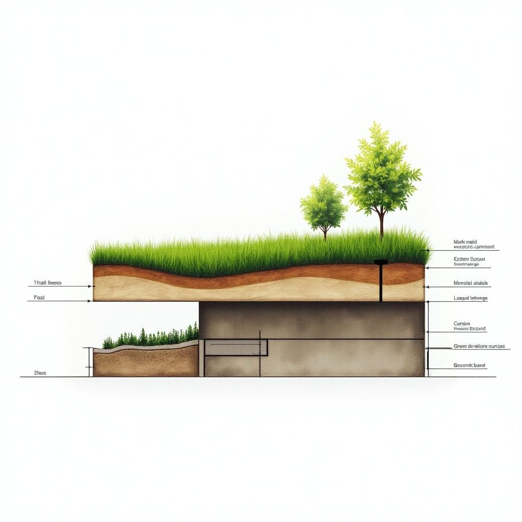 Section elevation drawing of a green roof with a grassy hill. The design shows a relationship with the building structure underneath. Grass and trees are visible at the top.