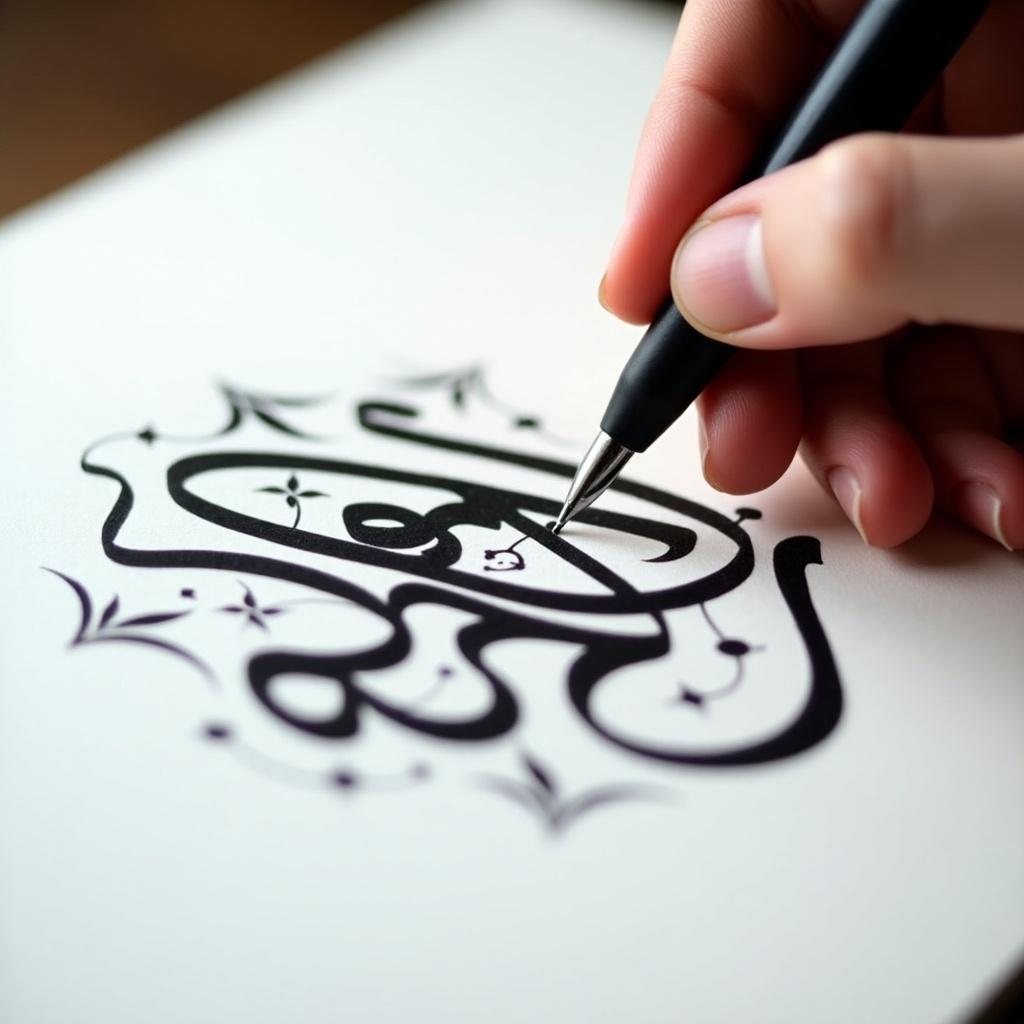 Close-up view of a hand using a pen to write Arabic calligraphy with bold black ink on white paper. The hand is steady and focused on the letters while artistic designs surround the main calligraphy. The soft lighting accentuates the strokes of the ink.