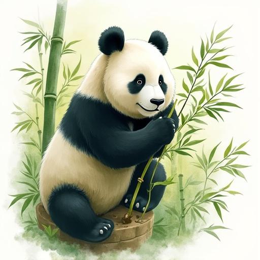 Serene illustration of a giant panda perched on a rock amidst bamboo forest. Few bamboo stalks lean into panda's grasp. Panda's gentle fingers curled around bamboo shoots. Peaceful bite taken. Soft black and white fur blends with green bamboo. Delicate watercolor style with subtle textures. Soft white background with ink splatters. Mood exuding tranquility and harmony with nature.