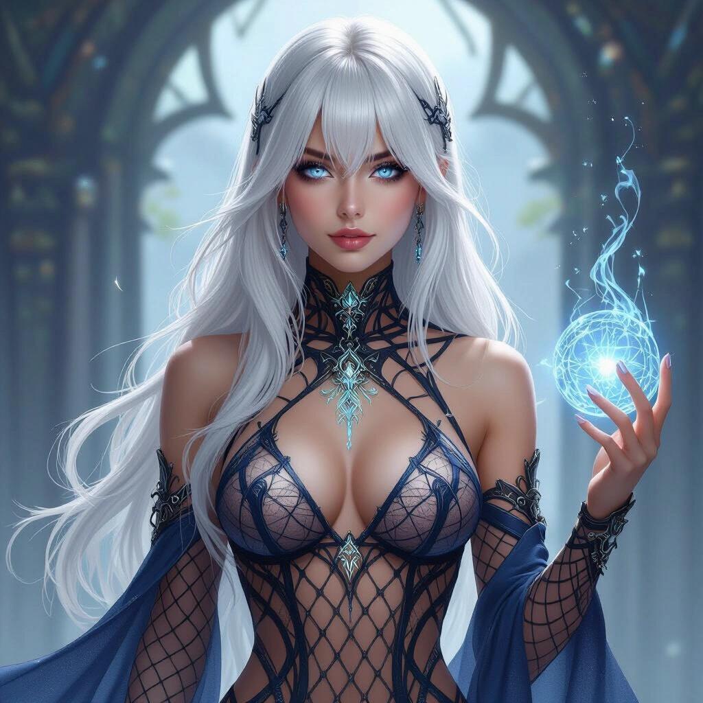 A powerful fantasy female character with long platinum blonde hair and navy-blue streaks. She has luminous silver eyes. Wears a semi-transparent magical bodysuit with runes. The bodysuit is form-fitting and evokes ancient arcane cultures. The fabric shimmers and reveals glowing sigils beneath. She stands in a moonlit forest clearing, surrounded by magical light. Wears enchanted jewelry and high armored boots. Poses confidently, casting a glyph in the air.