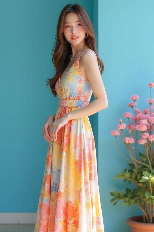 Model stands gracefully in sundress. Dress features sky-blue, orange, pink, and yellow abstract prints. Background showcases a sky-blue wall with a pot of flowers. Model has straight long brown hair. Soft lighting enhances the scene. Appearance resembles a fashion magazine shoot.