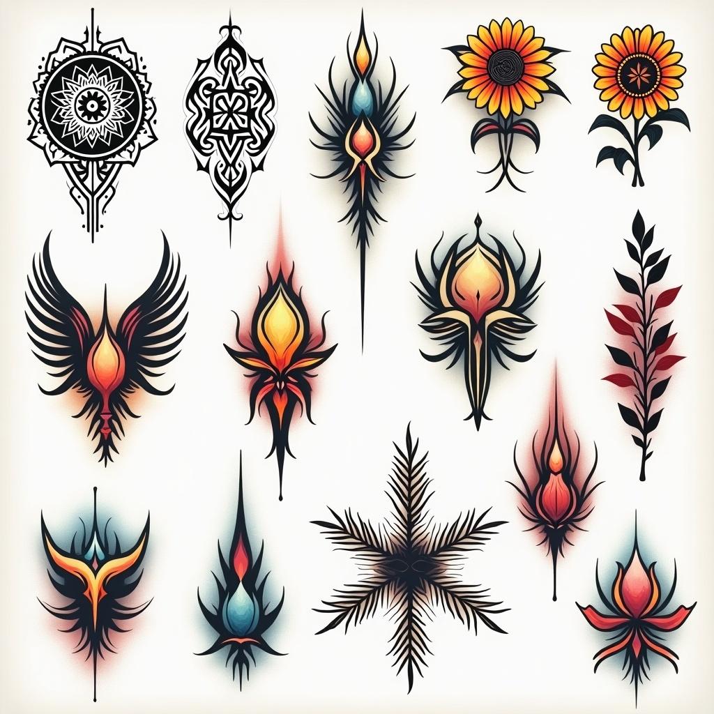 A collection of diverse tattoo designs featuring floral motifs, geometric patterns, and stylized flames in vivid colors.