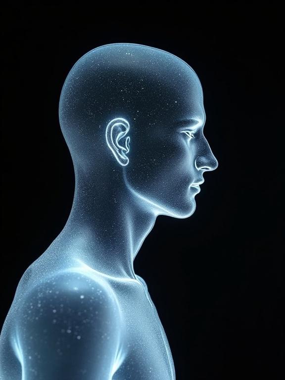 Illustration of a side view abstract human figure created with transparent plastic texture against a solid black background. The image features a glowing outline emphasizing the transparency and suggesting depth.