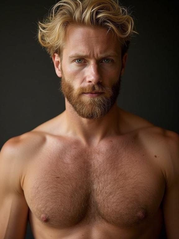 Portrait of a man with dense blond chest hair. Emphasis on upper body and facial features. Soft lighting and dark background enhance the image.