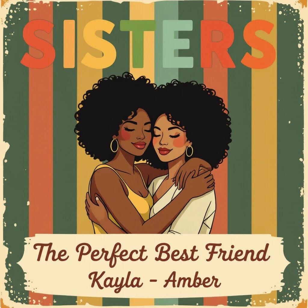 Two dark-skinned women are embracing each other. Both women have afro-curly hair. The word SISTERS is at the top with distinct colors. Below the women is soft handwritten text saying The Perfect Best Friend. Kayla - Amber is right below this text. The background is dark vertical stripes in muted vintage colors. The overall style is vintage and nostalgic.