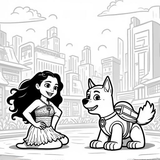 Coloring page with black outlines. Features Moana and Chase playing together in Starling City with Green Arrow. Characters are outlined for coloring.