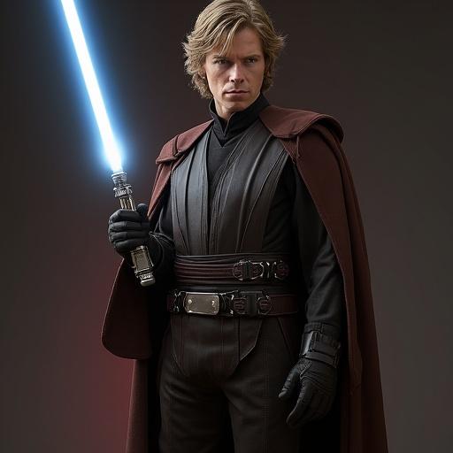 Character from the Star Wars universe. Full body display of a Jedi figure holding a lightsaber. Features realistic details in costume design. Ideal for fan art or collectibles. 