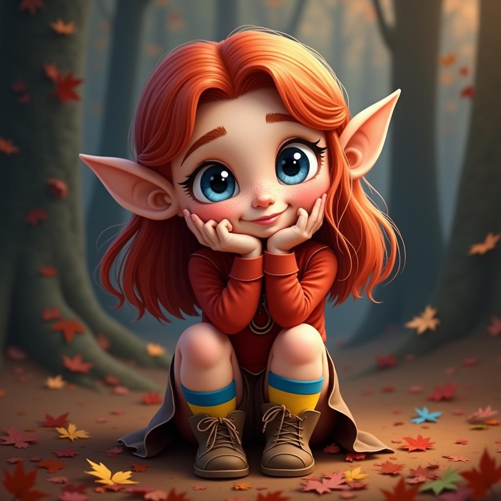 Illustration of a cute elf girl with shoulder-length red hair and large blue eyes in an autumn forest. Freckles on cheeks and playful pose with hands under chin. She wears a red shirt and brown skirt with high socks showing yellow and blue stripes. The background features dark trees and fallen leaves. Twilight lighting highlights her hair and skin for a warm atmosphere. Style combines cartoon graphics with realistic textures.