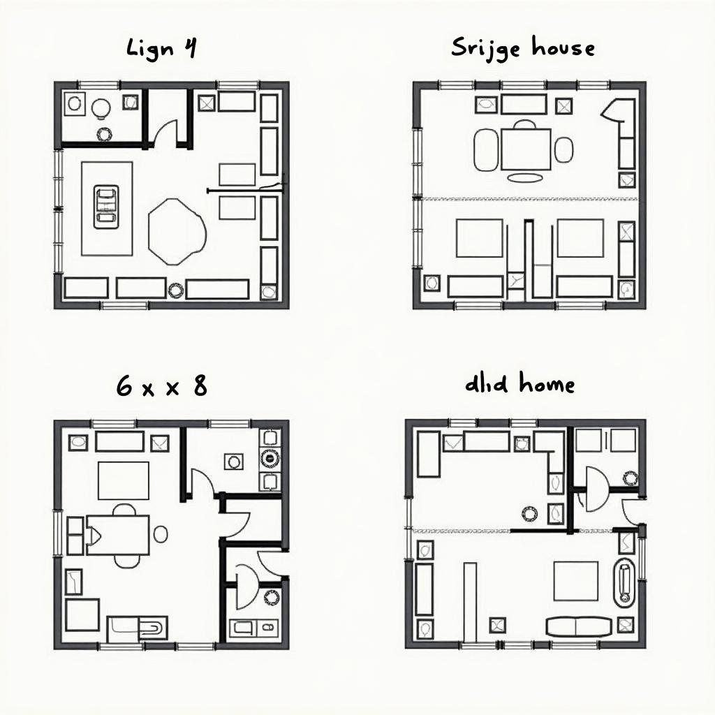 Four different house layouts are illustrated. Each layout measures 6 x 8 squares. Layouts labeled as Lign 4, Srijge house, 6 x 8, and dhd home. Each shows distinct arrangements of rooms and furniture.