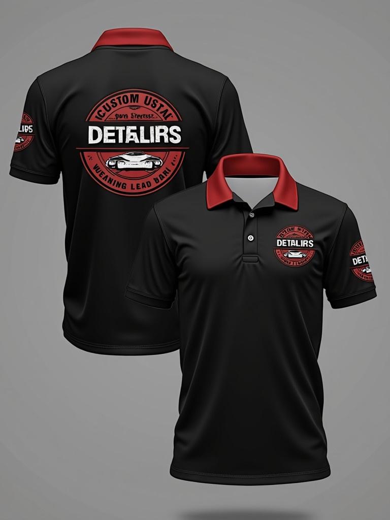 Design a uniform for car detailing services. The company name is Custom. Create one set featuring a black polo shirt with red accents. Include specific branding and logo for the detailing service.