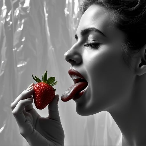 Ultra-detailed black and white photograph with selective coloration. Female profile. Glossy lipstick. Extended tongue. Strawberry held by bare hand. Smooth skin texture. Crumpled polyethylene background. Harsh light from above. Deep shadows. Nu-art and surrealism style. HDR processing.