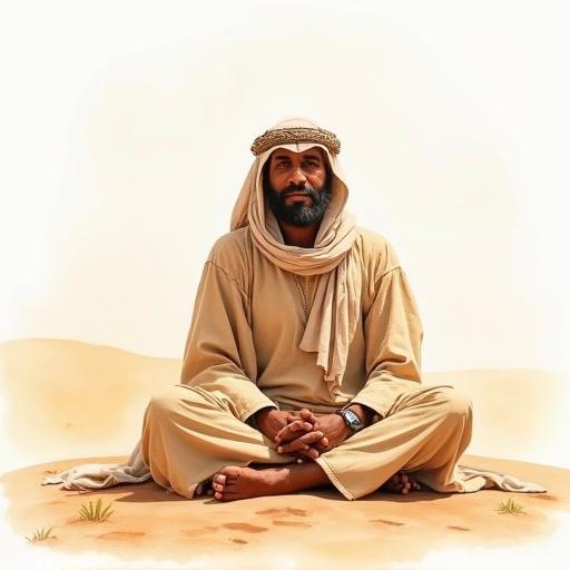 A peaceful Bedouin man sits cross-legged in the desert. He is beneath a soft sky, wearing a faded, cozy woolen cloak. Nearby, untouched silken robes shimmer lightly. The image features warm desert hues, soft outlines, and flowing strokes with a delicate watercolor style. It evokes calm, simplicity, and contentment.