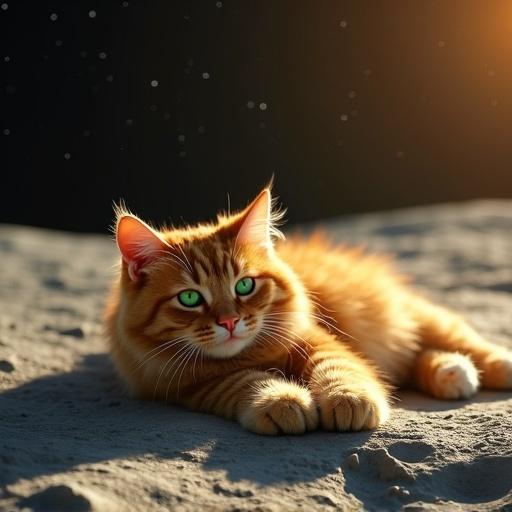 Fluffy ginger cat with emerald green eyes lying on the moon's surface under soft golden sunlight. Cat sprawled out with extended paws soaking warmth. Dusty grey moon with visible craters. Dark space with distant stars creating tranquility. High-resolution image showcasing the contrast between a domestic cat and cosmic beauty.
