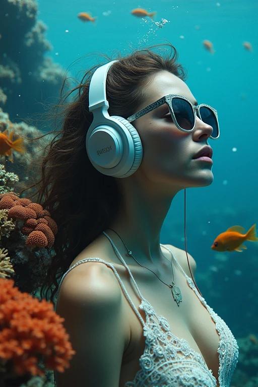 The image shows a woman immersed underwater. Surrounding coral and marine life add vibrance. She wears headphones promoting music in a tranquil setting. Soft lighting enhances the lace attire and colorful underwater scene.