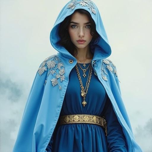Fantasy portrait of a young woman in a blue cloak with silver grape leaves. Dark hair framed by hood. She wears a dark blue dress with a gold belt and necklace. Expressive and atmospheric look with saturated colors. Realistic art style resembling oil painting.