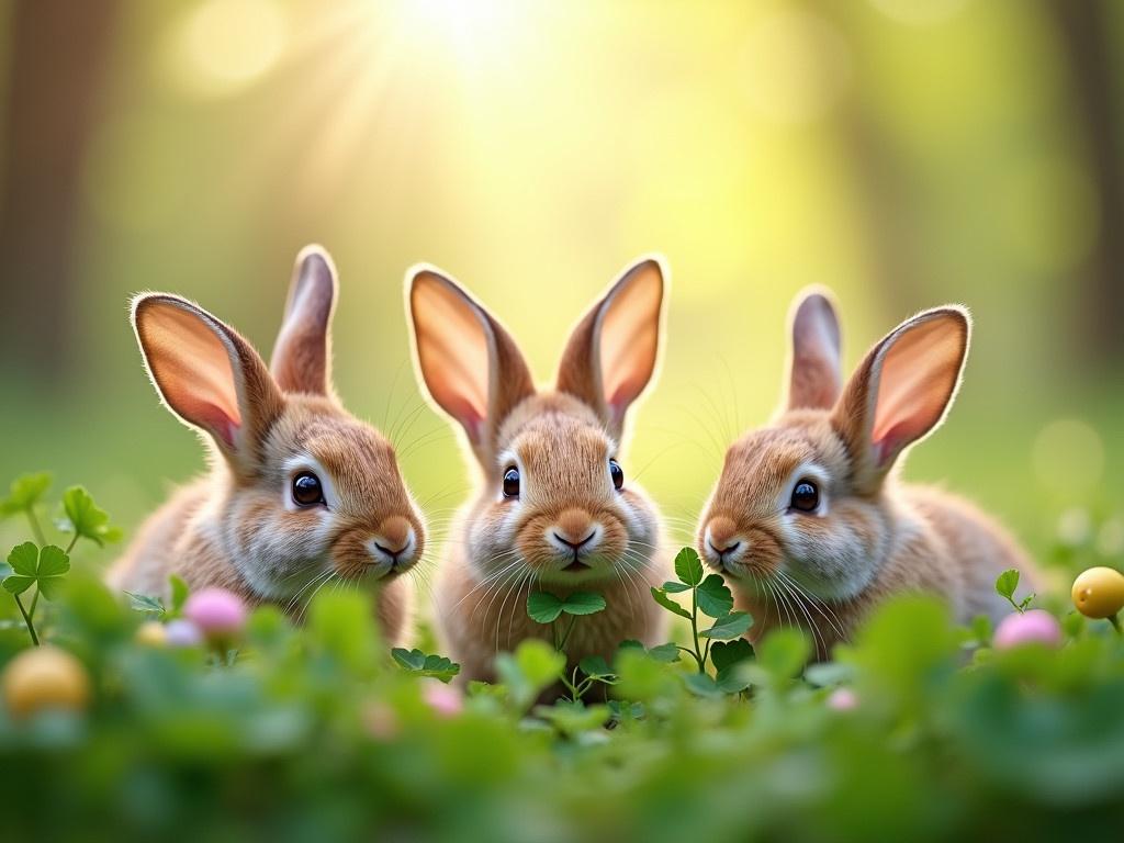 Three cute little Easter bunnies are resting in a lush green meadow filled with clover and wildflowers. One bunny is nibbling on the grass, while the other two are alert and looking around. Sunlight filters through the trees, creating a soft, warm glow around them. The bunnies have fluffy fur and big ears, enhancing their adorable appearance. The background features a blurred effect of greenery, focusing our attention on the bunnies' playful nature.