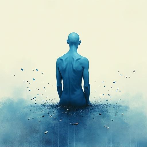 Bald human minimalist figure tall thin man silhouette one fill blue color body sitting up high in the center of the image petals falling dreamlike minimalist composition