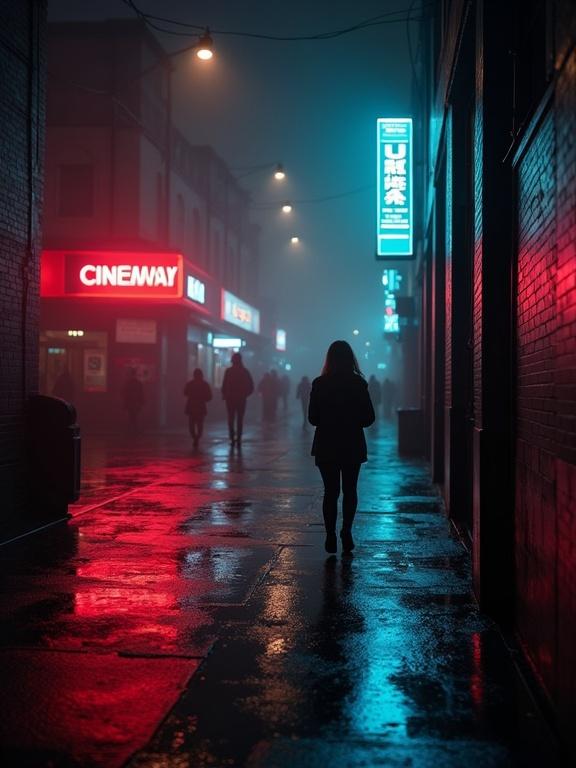 Cinematic film strip wallpaper showcasing an urban night scene. Neon lights illuminate wet pavement. A solitary figure walks down a narrow alleyway. Soft lighting creates a moody atmosphere.