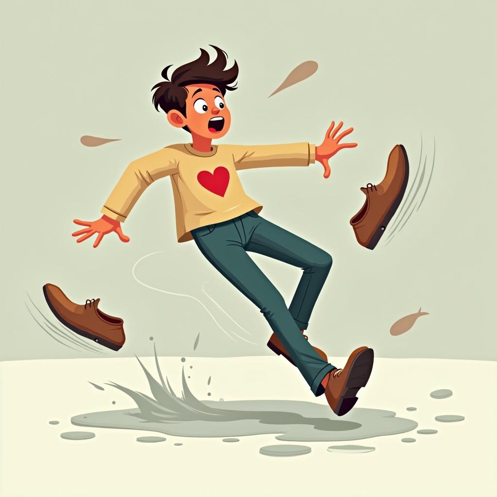 Young man losing balance on a slippery floor. Surprised expression. Flying shoe. Body falling backward. Hands and legs flailing. Swirl effect underfoot. Shirt with red heart design. Scene conveys motion and surprise.