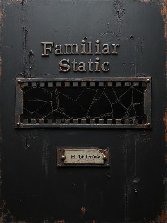 Dark minimalist rough oil painting with textured black background. Central horizontal strip of damaged film negative with stress fractures and cracks. Distressed black plaque at top with title 'That Familiar Static'. Crooked nameplate below film strip reading 'H. Bellerose'. Emphasis on textures like corrosion, scratches, frayed edges. Moody tone.