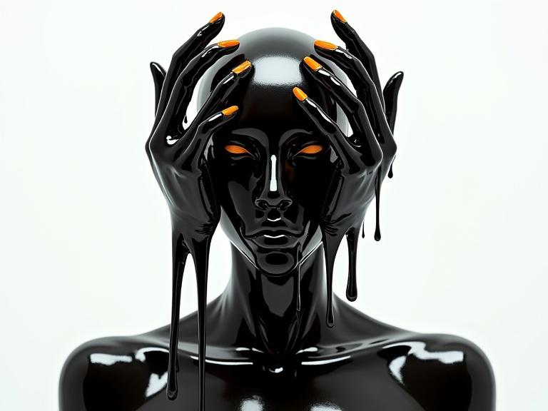 Surreal figure with glossy black substance framing the head. Hands and face partially covered in a liquid material with orange accents. Sleek design set against a white background. Otherworldly aesthetic of science fiction and body horror.