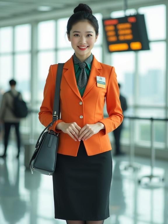 Model in full view standing in airport terminal. She wears a tangerine blazer and black pencil skirt. Hair styled in a bun. Smiling with light makeup. Holds a black satchel. Name tag on blazer. ID badge on lanyard. Small scarf at collar.