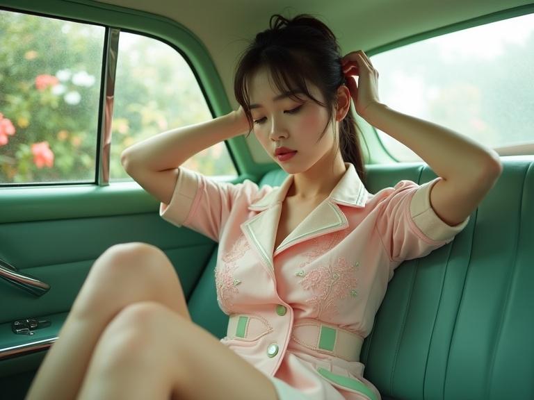 A young lady adorned in a pastel-colored stewardess outfit sits in a well-lit car. She ties her wet hair up with one hand. The vintage outfit features delicate lace and rose embroidery. The scene is bright and showcases lush greenery outside. Her leg is visible, and she wears high heels. The lighting is soft and flattering, creating a vintage fairytale ambiance.