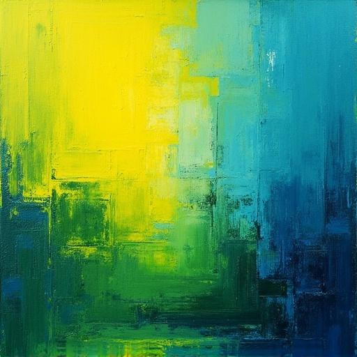 An abstract background created using oil and acrylic techniques. It features a blend of green yellow and blue colors. The artwork showcases a textured look with smooth brush strokes. Ideal for decorative purposes and art enthusiasts.