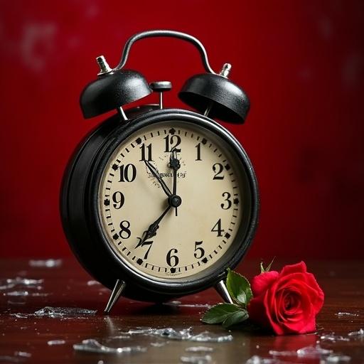 Old-fashioned clock ticks down. Midnight hour approaches. Red background features shattered glass. A single rose rests on the table. Symbolizes fleeting time.