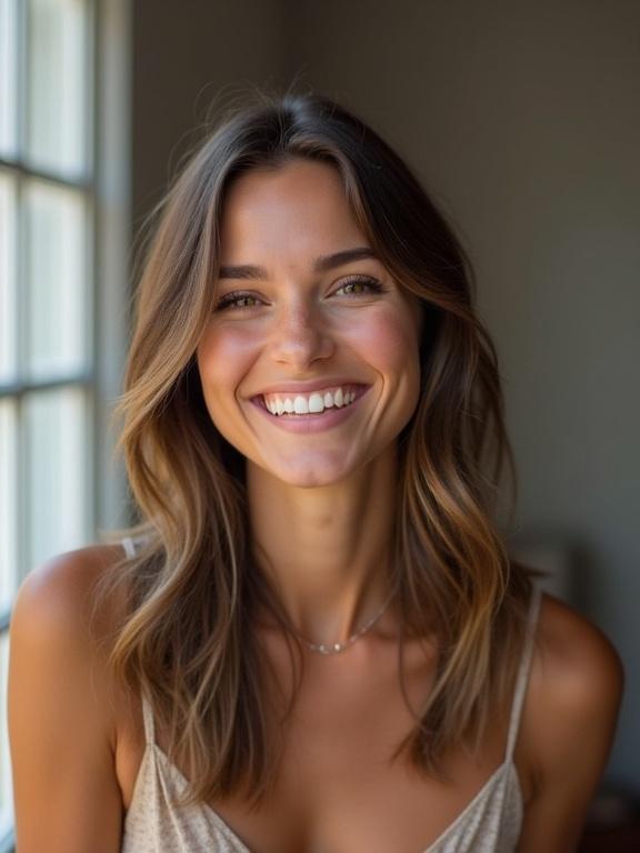 A smiling woman with wavy hair wearing a casual outfit inside a well-lit room. This imagery focuses on warmth and positivity. The subject has a relaxed expression and a friendly demeanor.