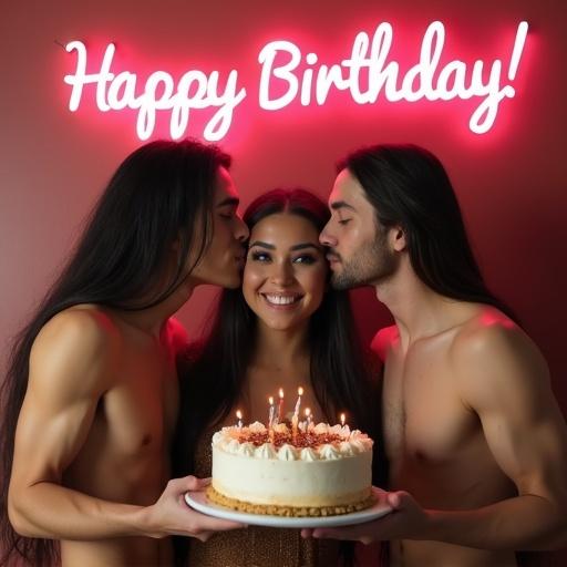 A trio stands holding a cake on a plate. They have extremely long hair. Two tall men with bare smooth faces kiss a petite woman on her cheeks. Neon 'Happy Birthday!' is on the wall behind.