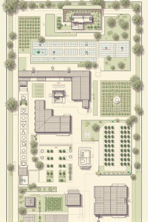 Drawing plan illustrates a functional farm layout on one acre. Includes designated areas for stables dormitories greenhouses water facilities and crop production. Layout features pathways and green spaces. Areas have symbols for crops and structures. Engineering drawing displays orthographic views including front top and side views with metric dimensions. Key features highlight circles angles and additional notations for radii and diameters. Contains four distinct house layouts at 6 x 8 squares.