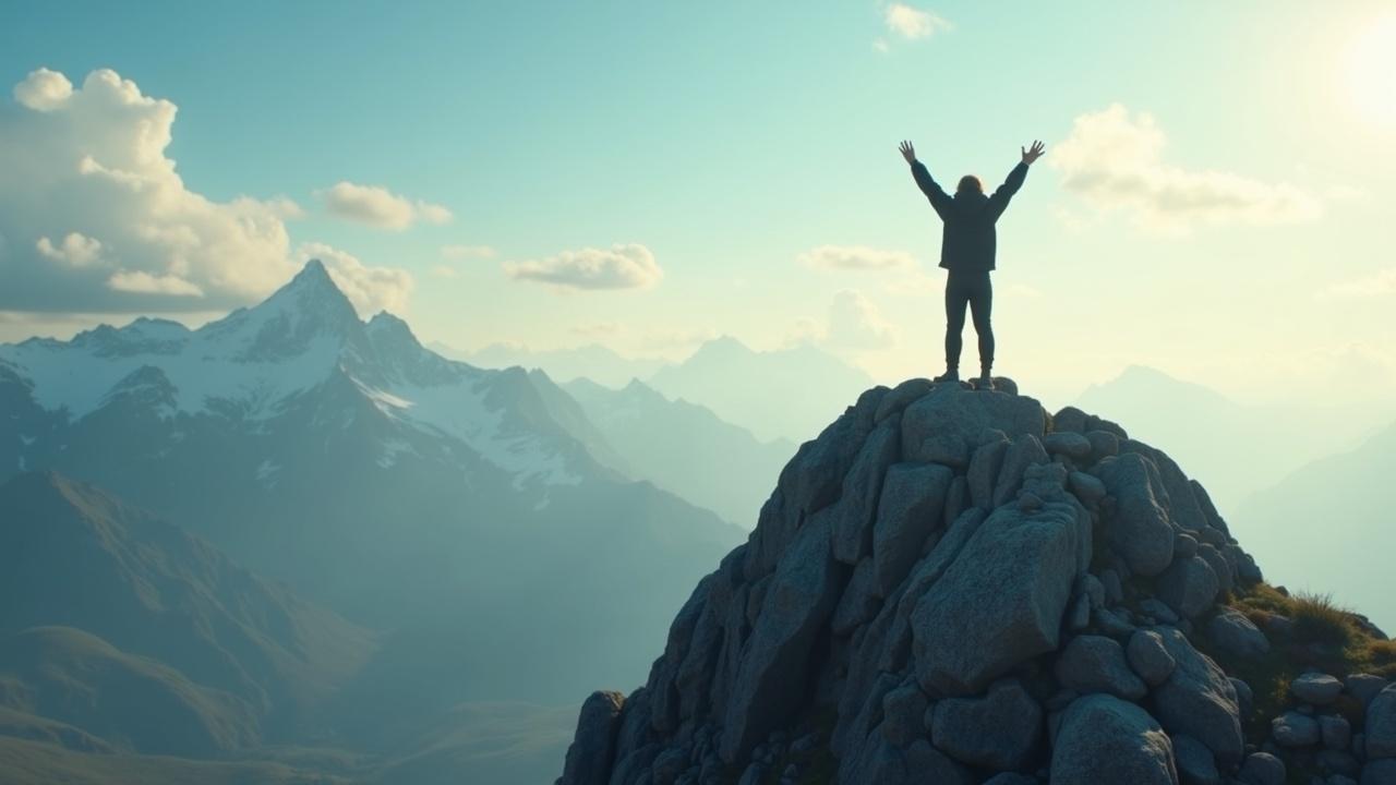 A person standing triumphantly on a rocky mountain peak, raising arms in victory, with distant snow-capped peaks in the background, under a bright sky.