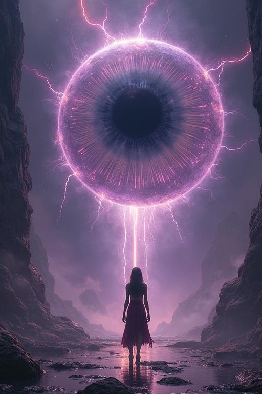A colossal pulsating eye in a dark hall. A fragile figure stands in front of it. Lilia has a fighting stance. Clothes torn, face burned. Agonizing energy radiates from the eye.