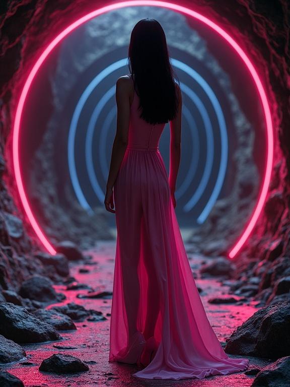 A silhouette of a woman with black hair, wearing a flowing pink dress. Standing inside a cave surrounded by illuminated circular patterns. A blend of darkness and vibrant colors, featuring retro techno elements and surreal details.