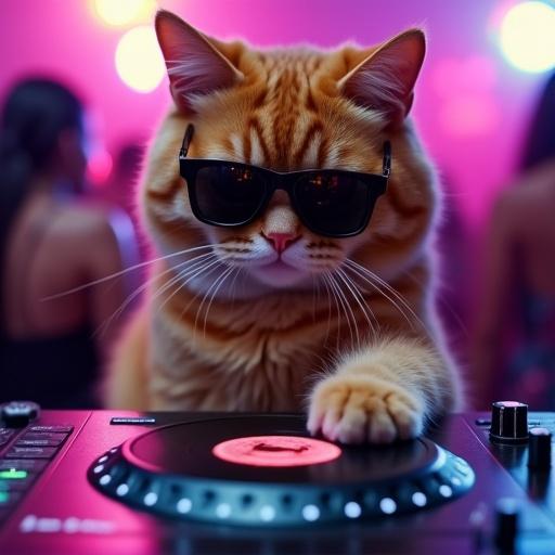Close-up of a ginger cat wearing sunglasses sitting behind a DJ deck. The cat moves its paw on the turntable mix. The cat's face shows focus and enjoyment. The atmosphere is club-like with neon lighting. The background is blurred with hints of a dance floor.