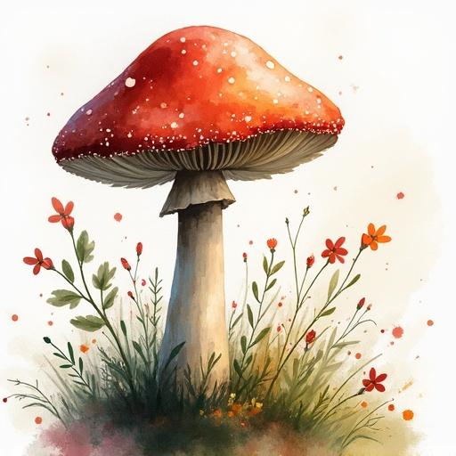 Impressionistic watercolor of a mushroom with vibrant red cap surrounded by flowers and greenery.