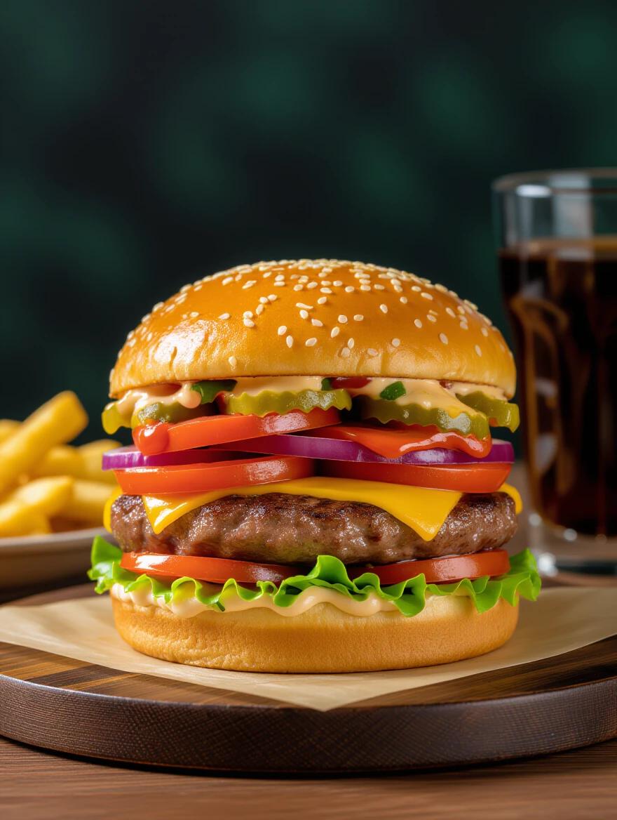 Image of a delicious layered burger on wooden board. Accompanied by fries and a glass of cola. Sesame seed bun with lettuce, tomato, onion, pickles, cheese, and sauce.