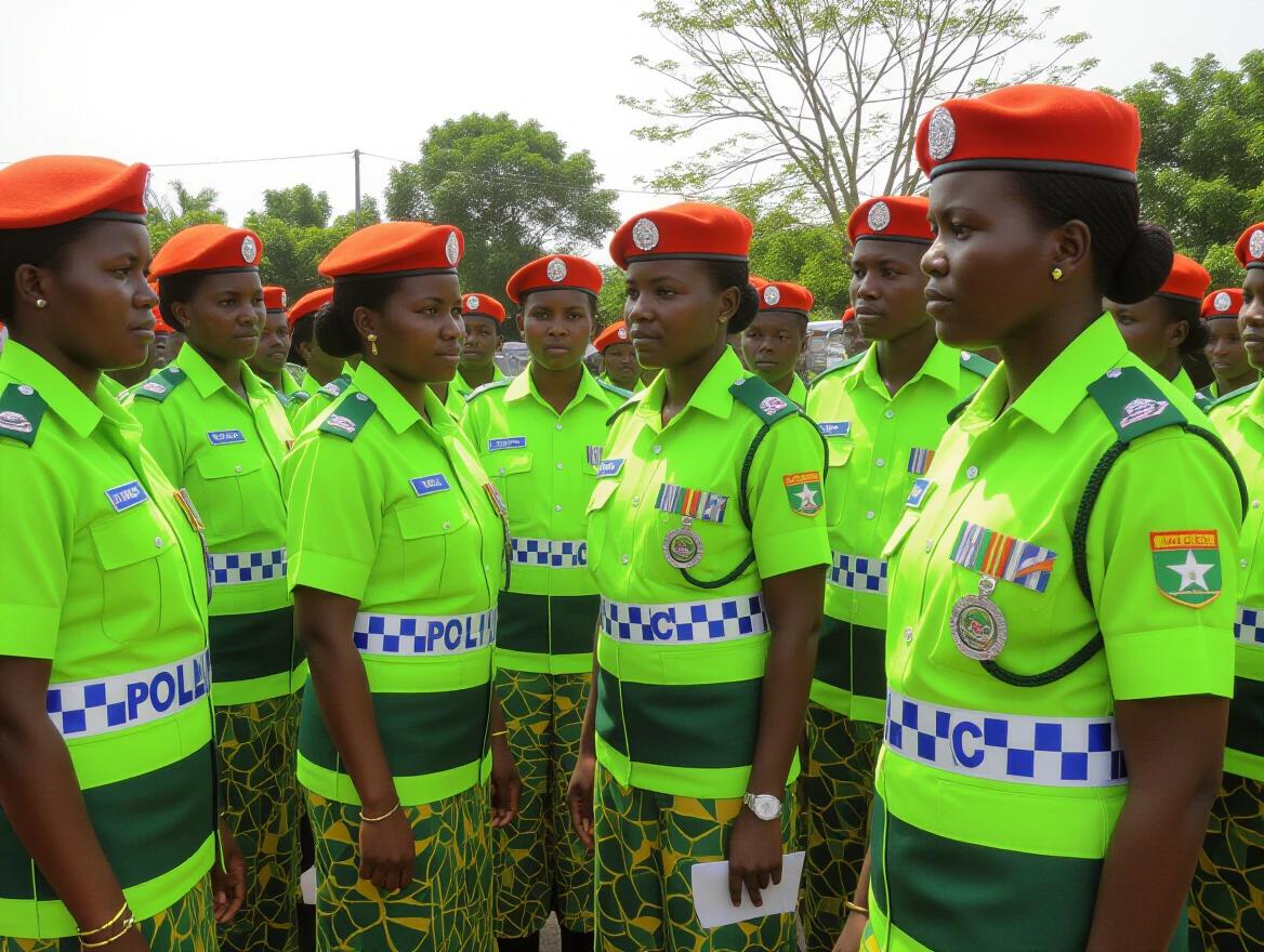 Military alignment of Togolese police women in green uniforms with red berets during a peacekeeping operation. They are standing in formation looking serious. The mood is focused and disciplined. The scene reflects a commitment to public safety and peace initiatives.