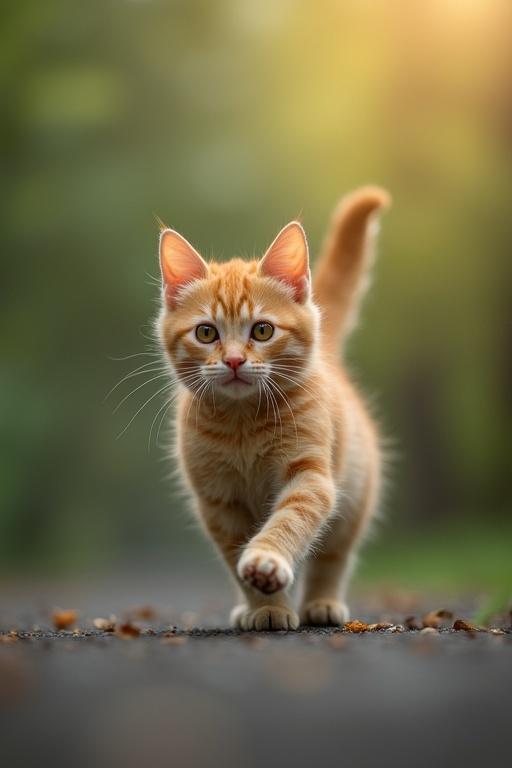 An orange cat walks towards the camera on a path in nature. Background is blurred with soft light.