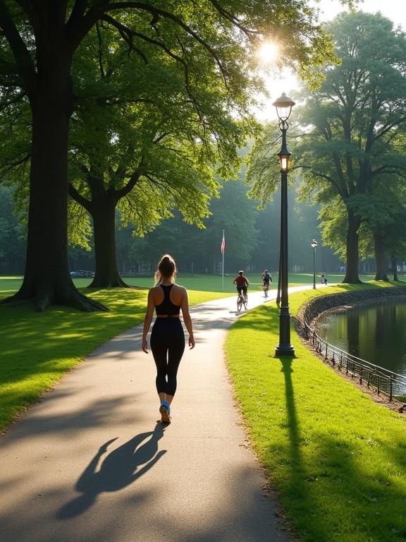 Photograph shows a park pathway during daytime. Sun filters through large trees. A woman in black athletic wear walks on the path. Another person bikes in the distance. Grass and a small lake appear on the right. Blue and white flagpole stands by the lake. A lamppost is on the middle of the path. Metal railing is on the left side. Sunlight creates shadows on the path. The scene is peaceful and relaxed, set on a summer day.