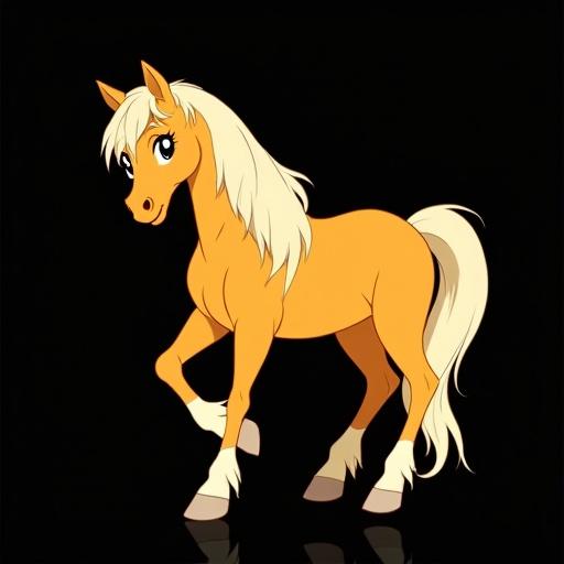 Golden-yellow light horse with a palomino coat. White or light cream mane and tail. Set against a black background in anime style resembling Walt Disney.