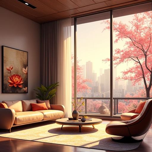 Futuristic living room design with large windows. Cherry blossoms seen outside. Modern furniture in light gold and onyx black. Includes a lotus flower print wall art. A rich atmosphere with urban view. Located in a luxurious townhouse.